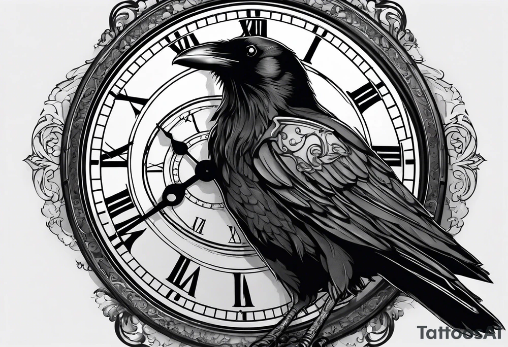 raven perched on clock tattoo idea