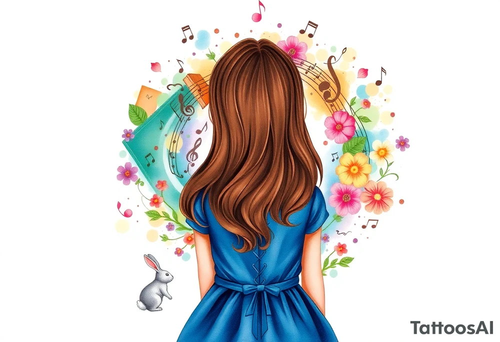 Back view of the silhouette of a brown hair girl in a blue dress. She is following a small white rabbit towards a magical colorful swirl of music notes, books, and flowers. A pocket watch is at the end of the swirl. tattoo idea