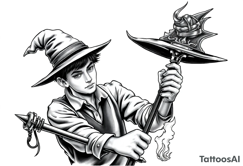 Young guy is exploring witch supplies, tools, equipment tattoo idea Young guy is exploring witch supplies, tools, equipment tattoo idea
