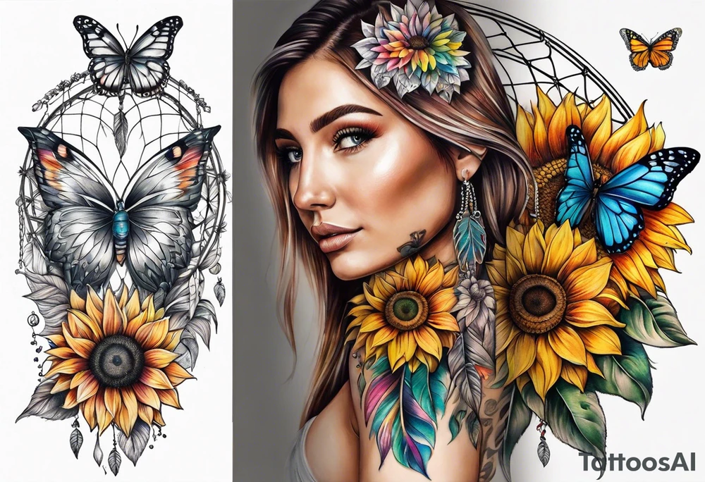 Quarter Leg sleeve with dreamcatcher, rainbow sunflowers and one butterfly tattoo idea