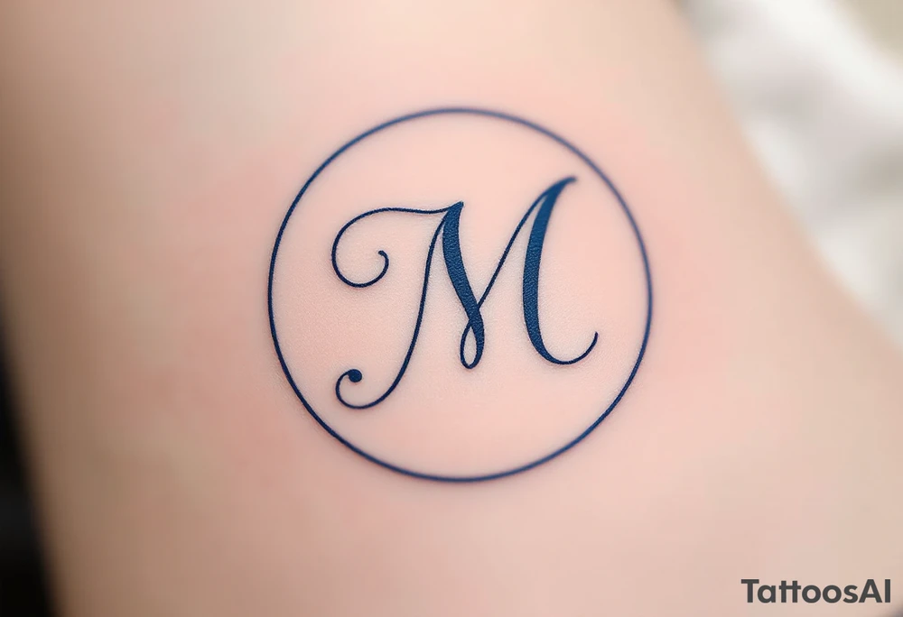 An elegant serif "M" in midnight blue, placed within a fine circular frame. tattoo idea
