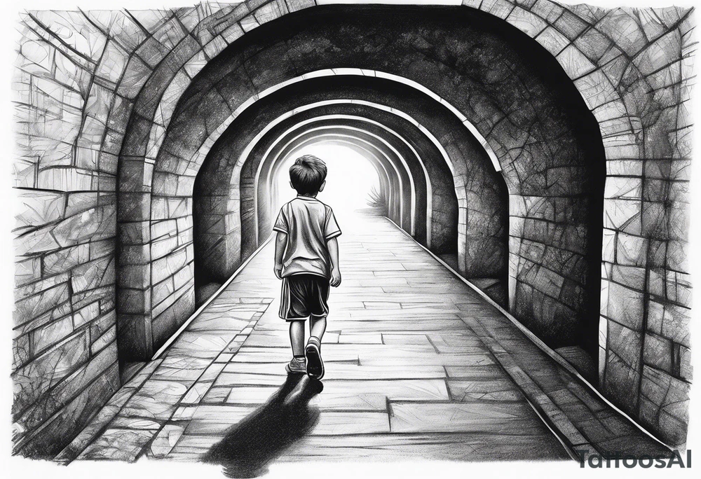 Young boy walking through tunnel onto a football pitch tattoo idea