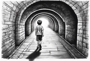 Young boy walking through tunnel onto a football pitch tattoo idea