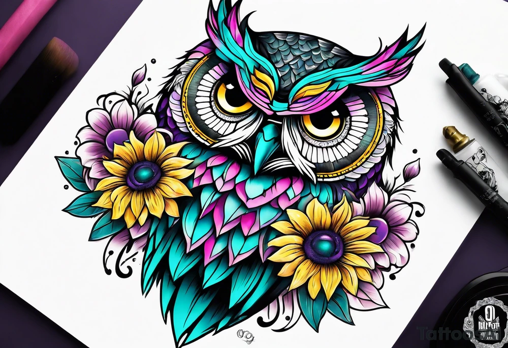 Sleeve with teal, pink and purple owl and yellow sunflowers tattoo idea