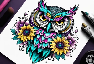 Sleeve with teal, pink and purple owl and yellow sunflowers tattoo idea