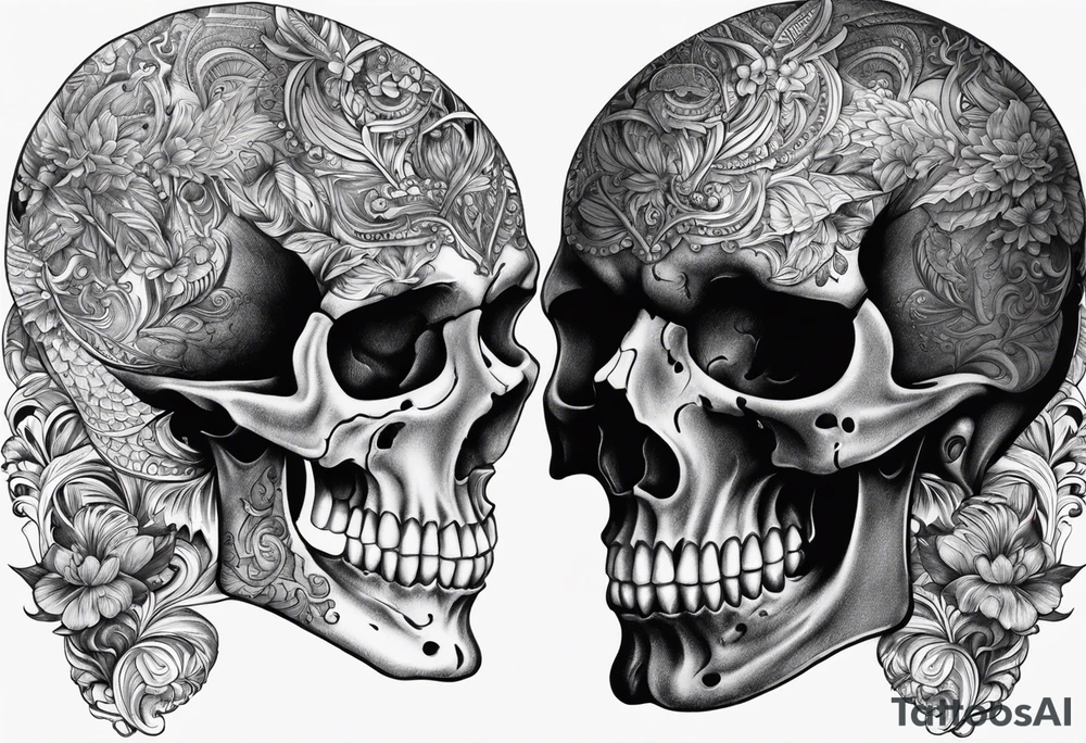 Skull split in two half’s tattoo idea