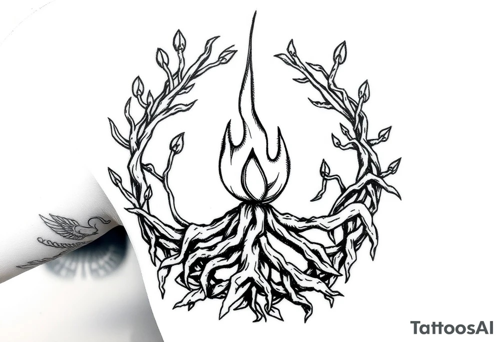 flame in a blooming roots circle tattoo idea