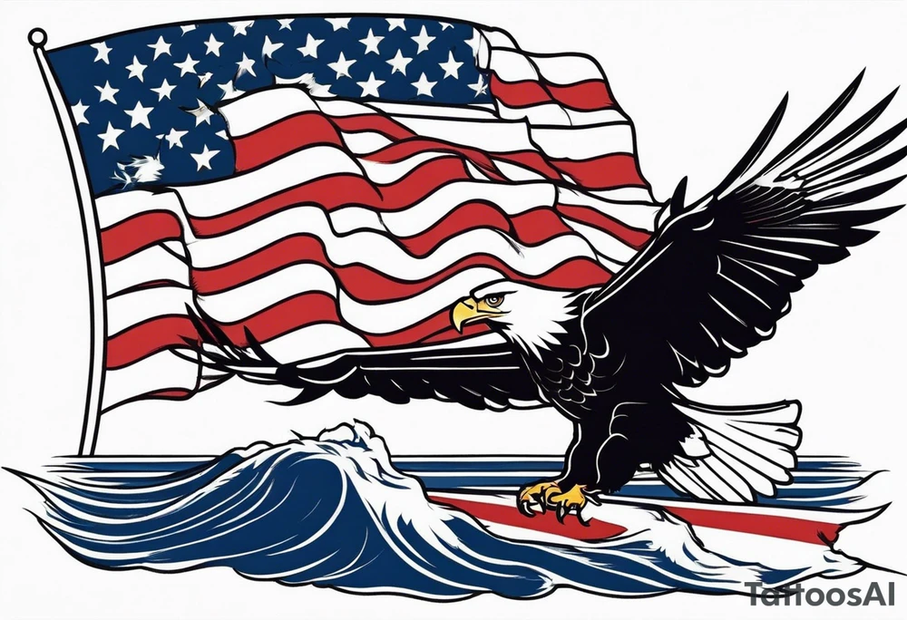 eagle flying in front of USS Nimitz holding American flag in beak tattoo idea