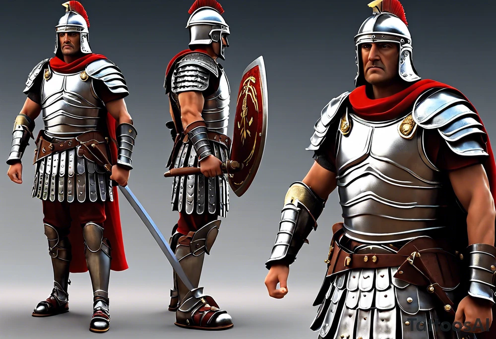 a high ranking roman centurion, soldier, AD 60, wearing armour which must include an armoured belt, breastplate, armoured shoes, shield, helmet and sword. the soldier is strong, tall, large, fit, muscular. the soldier is faceless. We can see the full body of the centurion, from his shoes to his helmet. The soldier is mid-battle, fending off flaming arrows with his shield, advancing towards the enemy, attacking the enemy. attacking pose. The image should be extremely detailed. Need to see the full soldier. tattoo idea