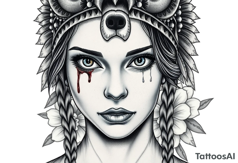 Young Symmetrical Beautiful Woman, looking forward, with colored eyes, shedding a tear, with battle scars and blood on face, with soft look, wearing a mean looking bear headdress on head, with flower background tattoo idea