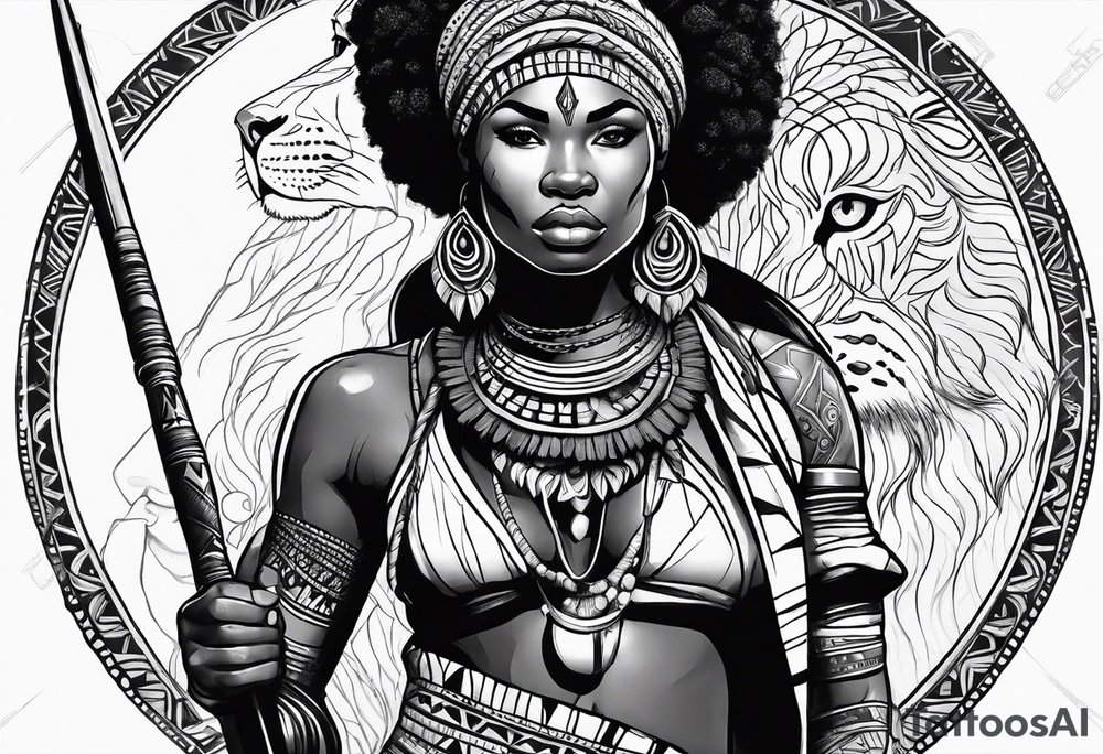 African woman warrior with tribe scars and spear in hand with animals in background tattoo idea