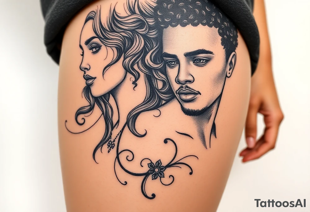 curly haired woman and Afro American man tattoo idea