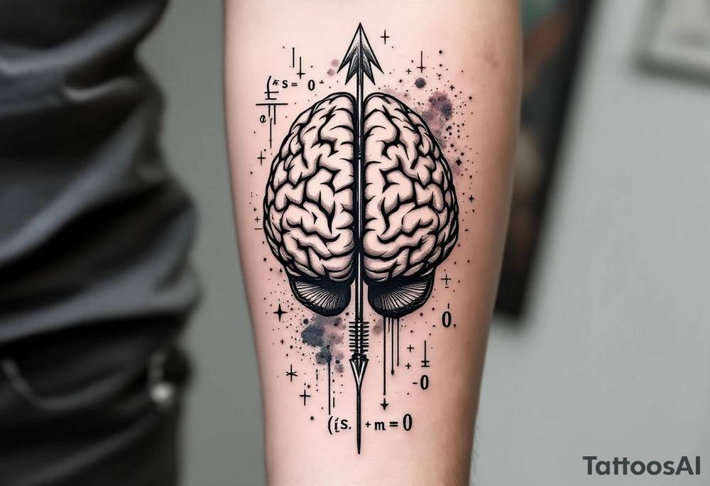 A vertical front-seen brain in geometric and straight lines, math symbols arround. A detailed arrow crosses from below and exit from the top, with its tip desintegrating to represent entropy and watercolor stains spilled from the arrow. Around of the main tattoo, math and physics formulas, including the formulas "ΔS ≥ 0" and "(iδ + m) Φ = 0" tattoo idea
