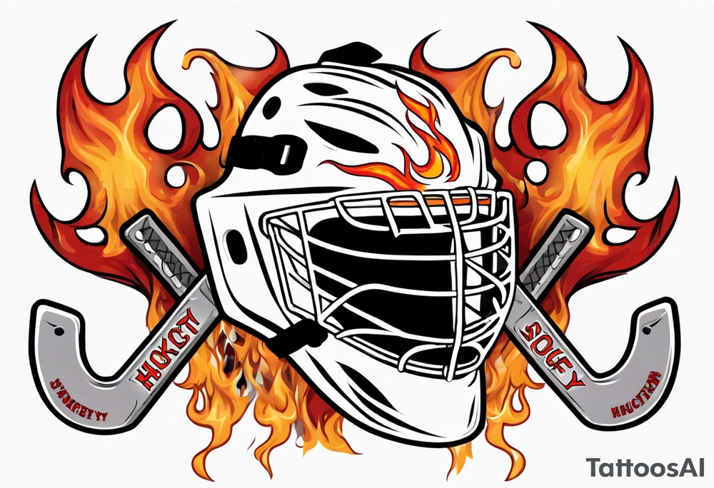 a goalie mask with crossed hockey sticks and flames that says "SHOT HOCKEY" tattoo idea