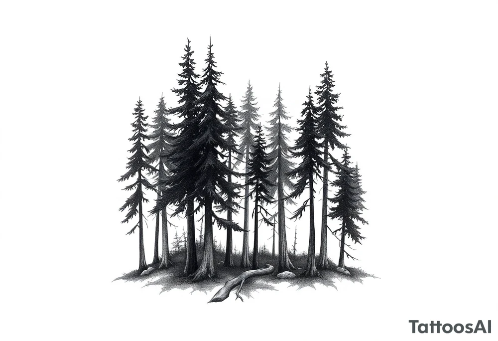 Needle forest with black and gray trees tattoo idea