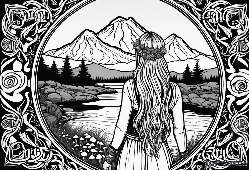 Whole picture encircled fully

Straight long blonde hair hippie girl in distance holding mushrooms in hand facing away toward mountains and creek surrounded by mushrooms long sleeve shirt and hiking pants; whole rendering within a full celtic circle border, no cut off circle tattoo idea