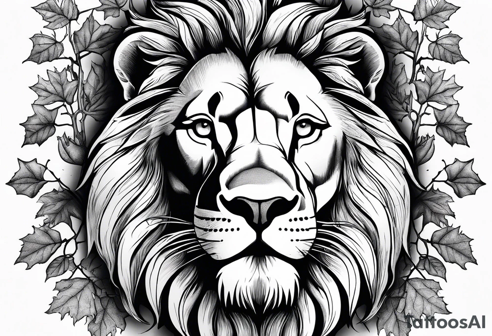 The lion of Judah, which is Jesus Christ, is tied and intertwined within a maple tree, and a cross as well tattoo idea
