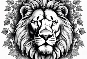 The lion of Judah, which is Jesus Christ, is tied and intertwined within a maple tree, and a cross as well tattoo idea