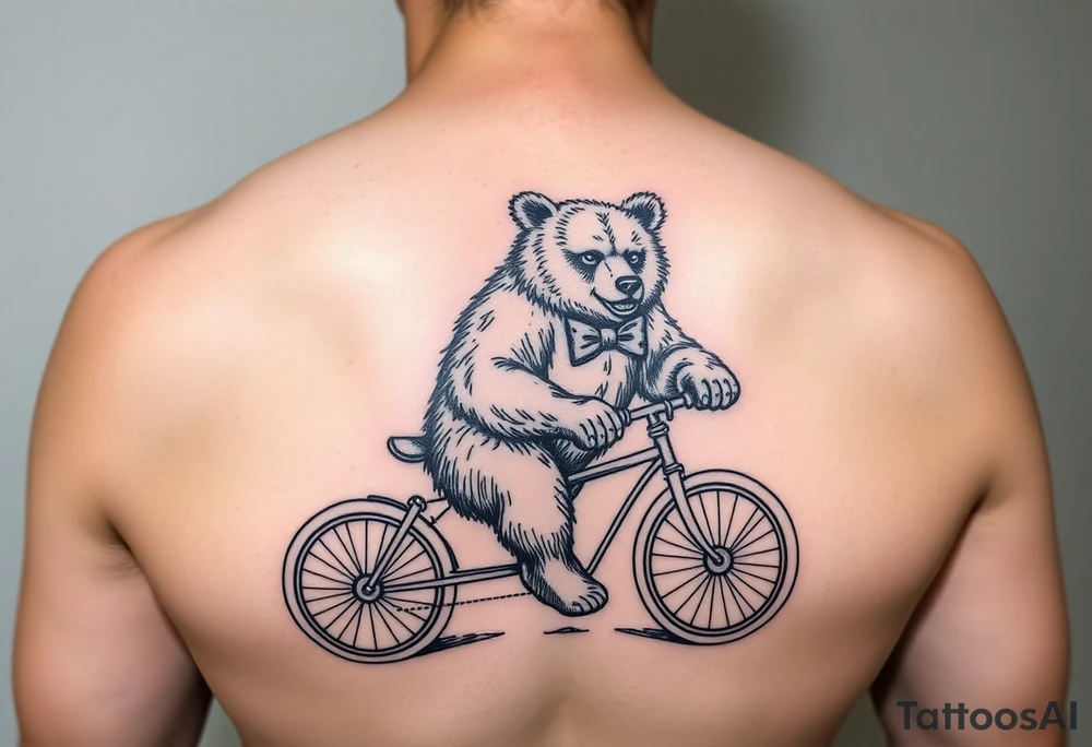 Fierce bear riding a tricycle wearing a bow tie tattoo idea