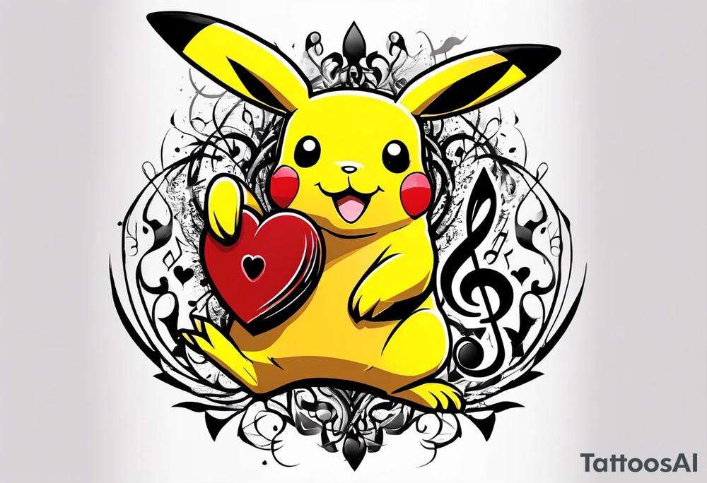 Pickachu squeezing a heart made from a trouble clef and music notes tattoo idea