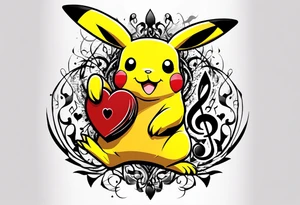 Pickachu squeezing a heart made from a trouble clef and music notes tattoo idea