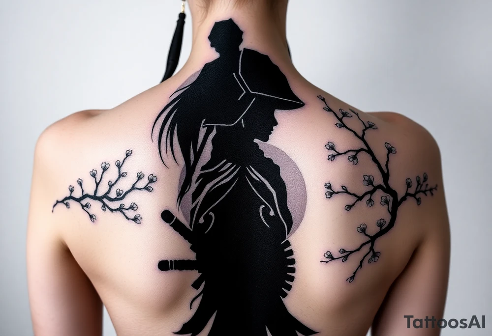 noble samurai warrior silhouette at sunset with cherry blossoms tattoo idea