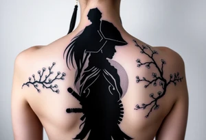 noble samurai warrior silhouette at sunset with cherry blossoms tattoo idea