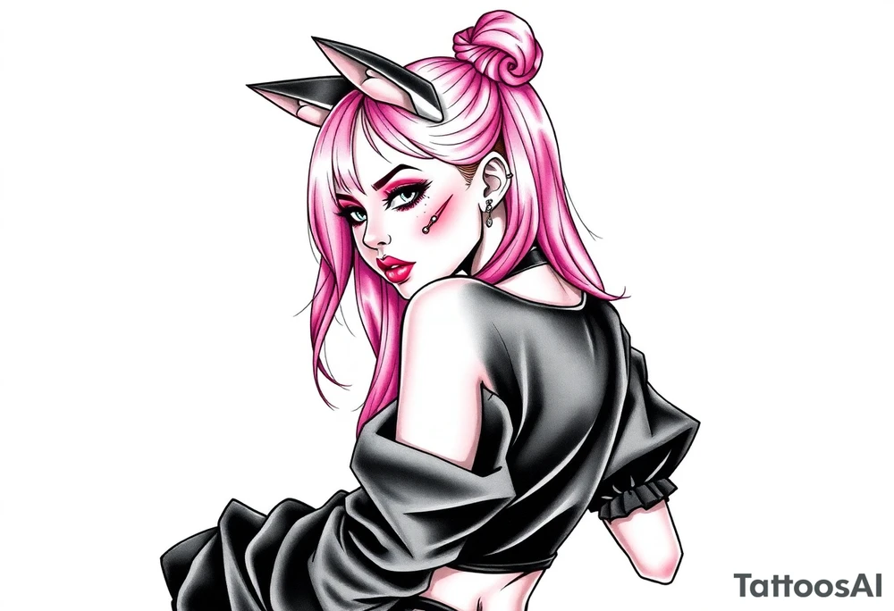 hot goth girl with puppy ears and with piercings on face and big boobs and big butt with black outfit on with pink hair tattoo idea