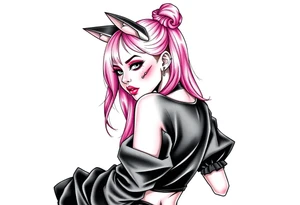 hot goth girl with puppy ears and with piercings on face and big boobs and big butt with black outfit on with pink hair tattoo idea