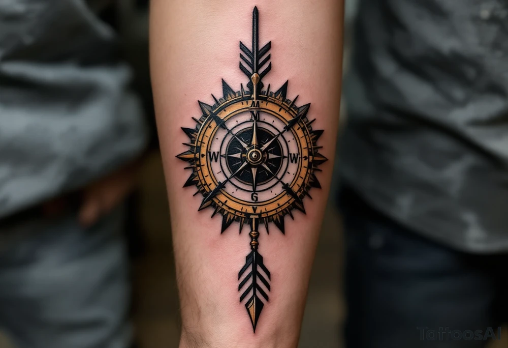 steampunk half compass half clock with a long native American arrow pointing at my wrist and saying "Isaiah 40:31" tattoo idea