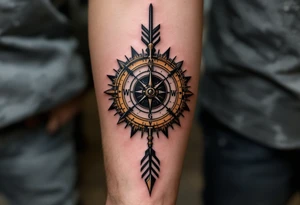 steampunk half compass half clock with a long native American arrow pointing at my wrist and saying "Isaiah 40:31" tattoo idea