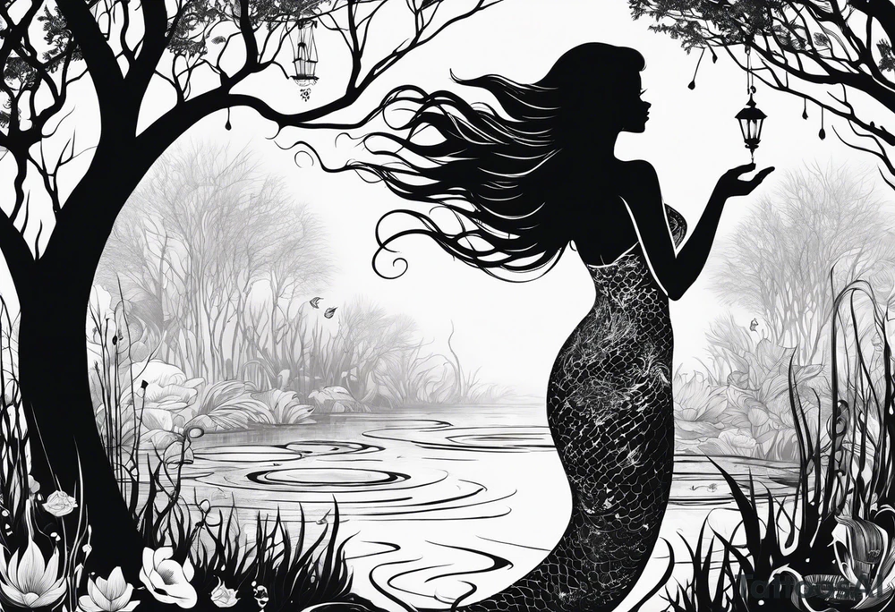 Mermaid silhouette in a swamp with trees and music. tattoo idea