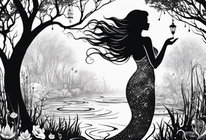 Mermaid silhouette in a swamp with trees and music. tattoo idea