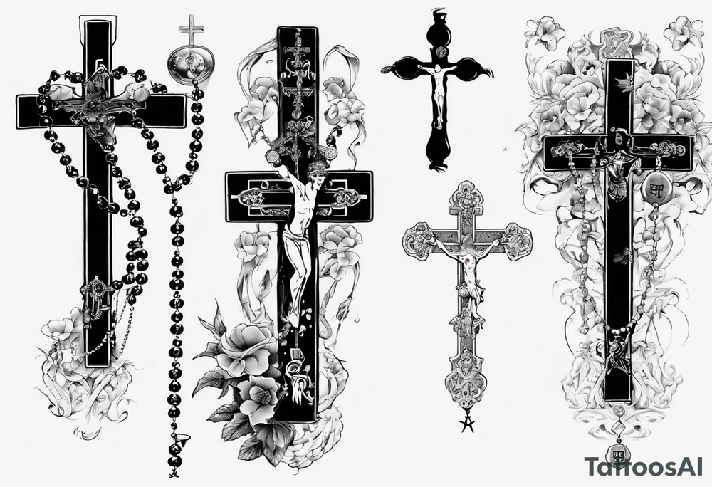 men’s arm sleeve, rosary, the name Peters, 1997, cross tattoo idea