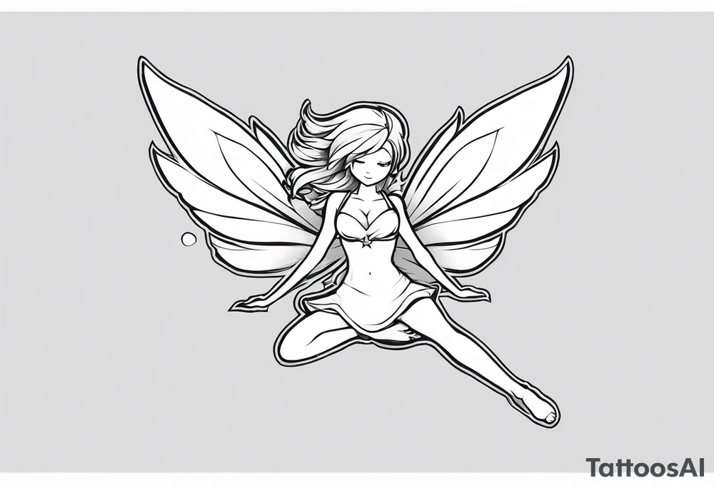 No color fairy with a tail inspired by the logo of the  show called Fairy Tail in a fetal position leaning in and forward while in the air floating and sleeping tattoo idea