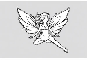 No color fairy with a tail inspired by the logo of the  show called Fairy Tail in a fetal position leaning in and forward while in the air floating and sleeping tattoo idea