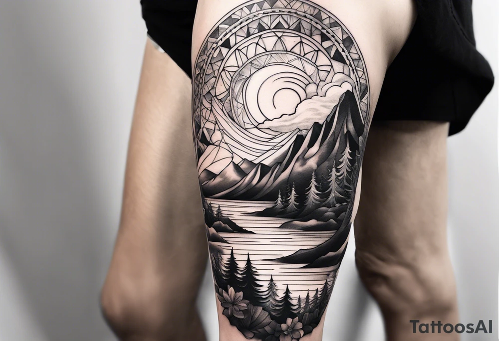 Mountain ocean forest leg sleeve tattoo idea