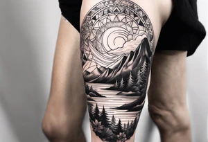 Mountain ocean forest leg sleeve tattoo idea