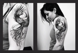 Sleeve tattoo on a woman's arm. Phoenix tattoo idea