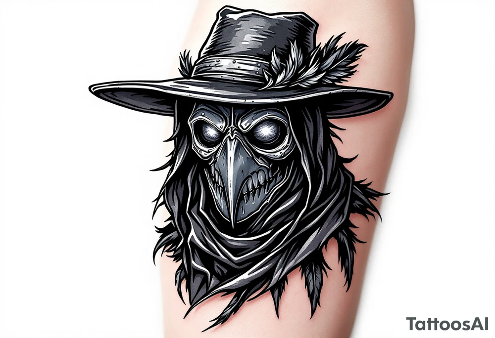 Plague Doctor with Crow Feathers – A mysterious plague doctor with crow feathers woven into the edges of the hat and cloak. The mask is dark gray with weathered metal detailing, and the eyes reflect dim light from a distant source. tattoo idea