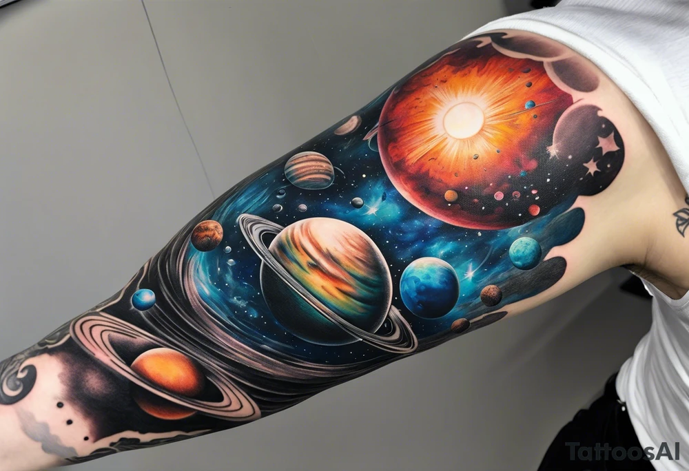 Sleeve tattoo of planets orbiting a supermassive black hole. tattoo idea