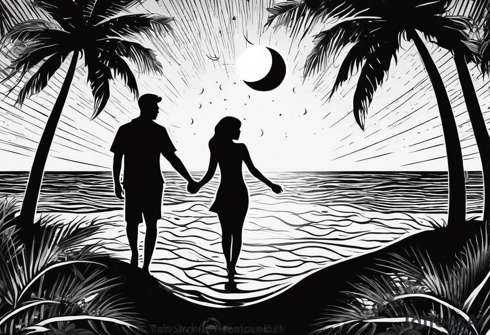 silhouette of two people holding hands on beach water with moon and palm trees tattoo idea