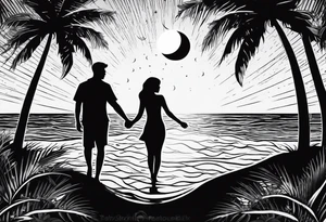 silhouette of two people holding hands on beach water with moon and palm trees tattoo idea