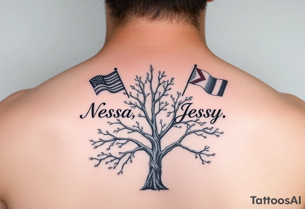 the name Nessa, Anne, Jessy in flags on a live tree tattoo idea