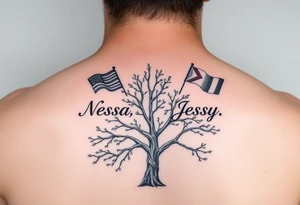 the name Nessa, Anne, Jessy in flags on a live tree tattoo idea