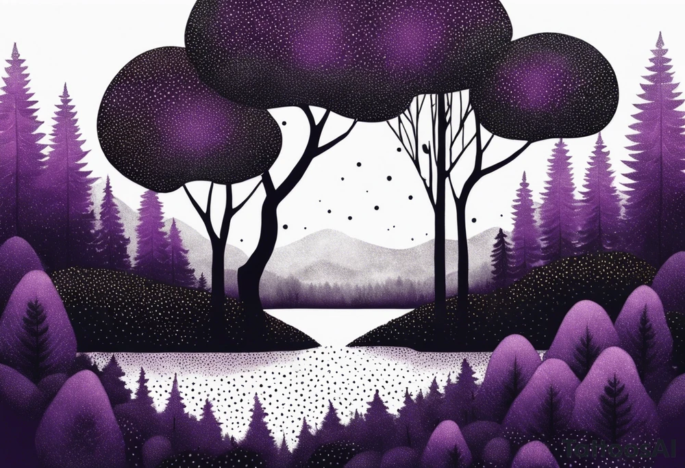 forest, lineswork, purple and black tattoo idea