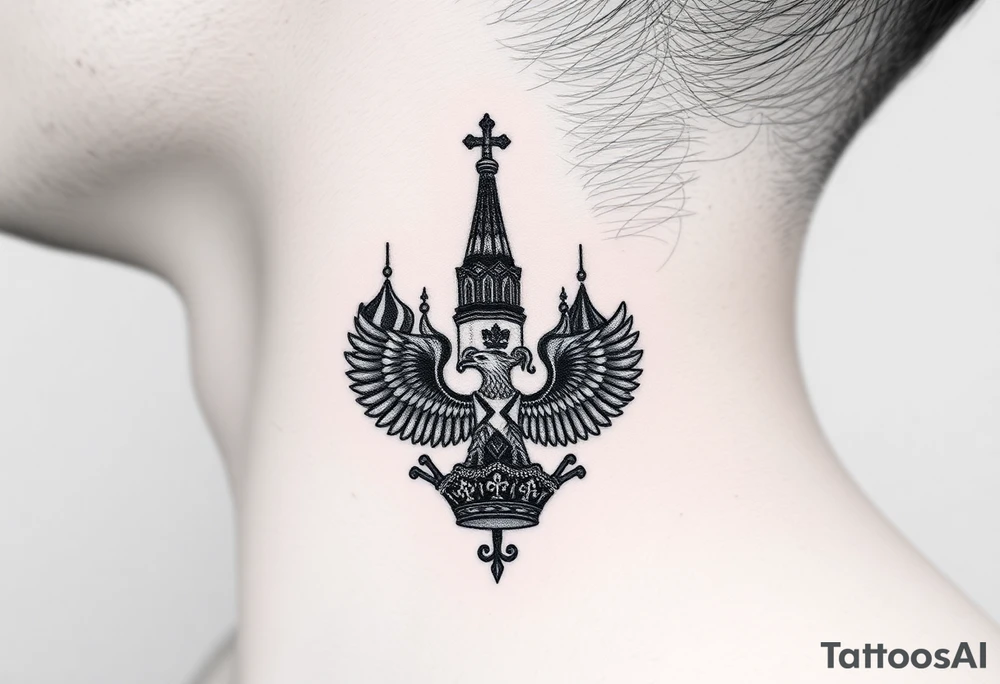 St. George 
3 russian imperial crowns above the Russian coat of arms double eagle
Russian sabre
The Kremlin or St. Basil's Cathedral scene 
on the side of my neck tattoo idea