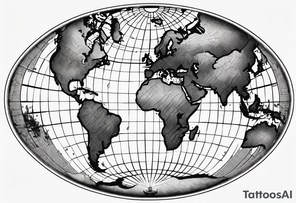 a flat map of the earth on a small fading grid in the shape of a circle tattoo idea