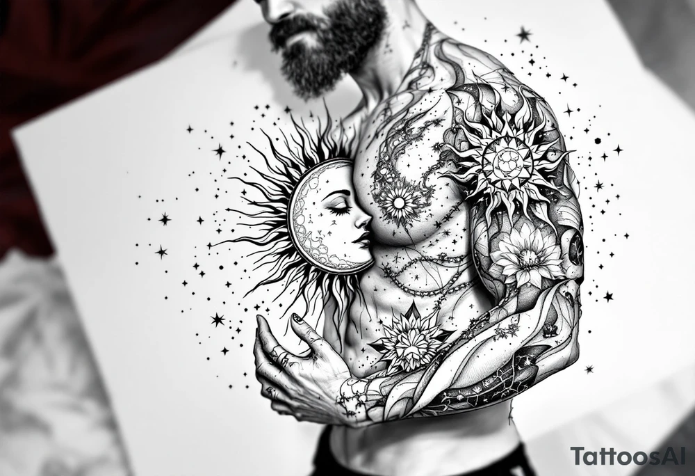 celestial sun and moon embrace with constellation patterns tattoo idea celestial sun and moon embrace with constellation patterns tattoo idea