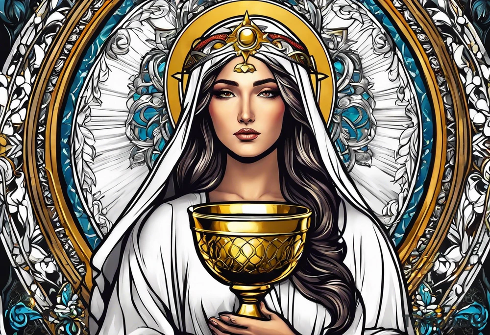 holy saint woman turned away with golden halo holding a chalice tattoo idea